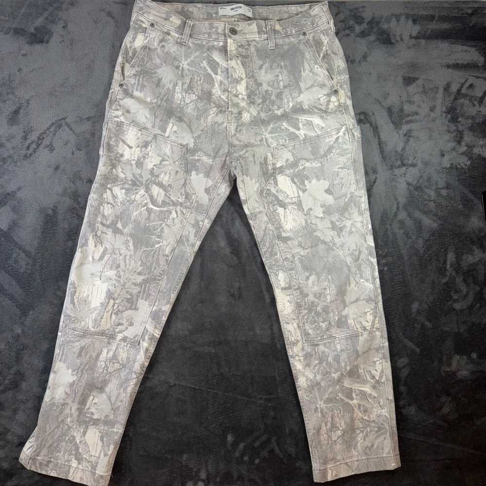 Mens 34x32 Hollister Carpenter Pants Gray Excellent Leaf Camo Loose Fit Utility